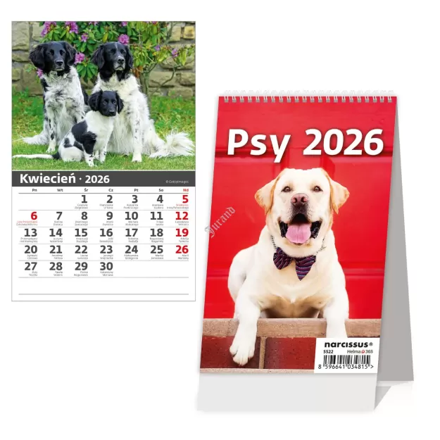 Kalendarz 2026 Biurkowy Pionowy Psy miesięczny