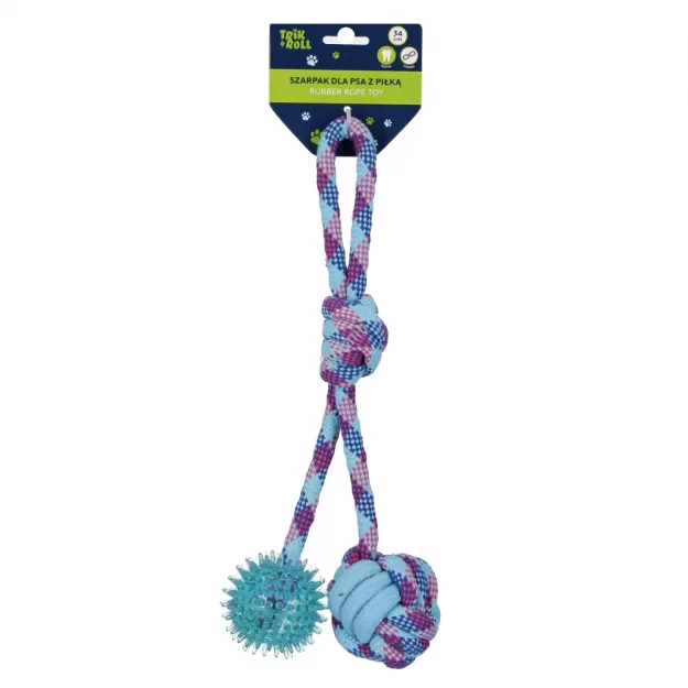Zabawka dla psa Szarpak 34 cm z piłką 2 stronny niebieski